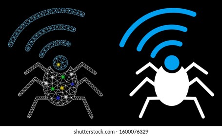 Flare mesh radio spy bug icon with sparkle effect. Abstract illuminated model of radio spy bug. Shiny wire carcass triangular network radio spy bug icon. Vector abstraction on a black background.