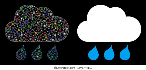 Flare mesh rain weather icon with glare effect. Abstract illuminated model of rain weather. Shiny wire carcass polygonal mesh rain weather icon. Vector abstraction on a black background.