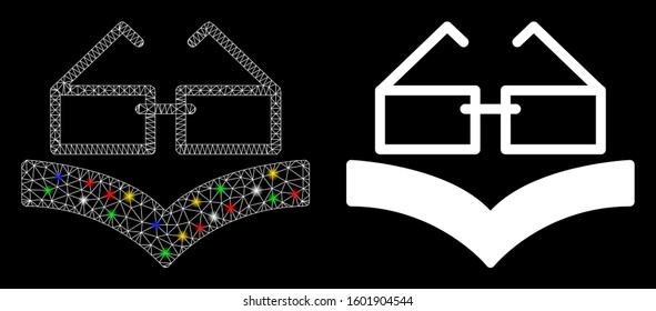 Flare mesh reading glasses icon with glare effect. Abstract illuminated model of reading glasses. Shiny wire frame triangular mesh reading glasses icon. Vector abstraction on a black background.