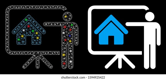 Flare mesh realtor presentation board icon with glitter effect. Abstract illuminated model of realtor presentation board. Shiny wire frame triangular network realtor presentation board icon.