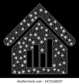 Flare mesh realty bar chart with glare effect. Abstract illuminated model of realty bar chart icon. Shiny wire carcass polygonal mesh realty bar chart. Vector abstraction on a black background.