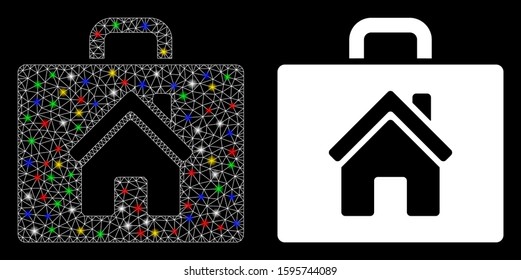 Flare mesh realty case icon with glare effect. Abstract illuminated model of realty case. Shiny wire carcass triangular mesh realty case icon. Vector abstraction on a black background.