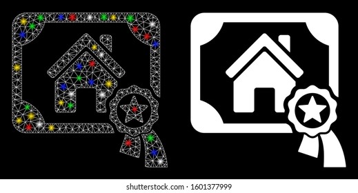 Flare mesh realty certification icon with glitter effect. Abstract illuminated model of realty certification. Shiny wire carcass polygonal mesh realty certification icon.
