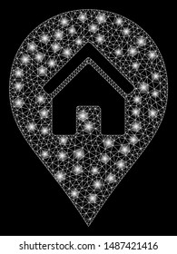 Flare mesh realty map marker with glare effect. Abstract illuminated model of realty map marker icon. Shiny wire frame polygonal mesh realty map marker. Vector abstraction on a black background.