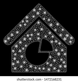 Flare mesh realty pie chart with glitter effect. Abstract illuminated model of realty pie chart icon. Shiny wire frame triangular mesh realty pie chart. Vector abstraction on a black background.