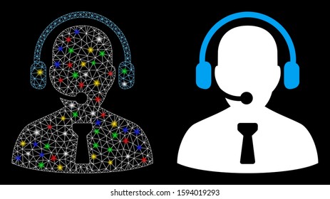 Flare mesh reception operator icon with glare effect. Abstract illuminated model of reception operator. Shiny wire carcass triangular mesh reception operator icon.