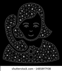 Flare mesh receptionist with glow effect. Abstract illuminated model of receptionist icon. Shiny wire frame polygonal mesh receptionist. Vector abstraction on a black background.