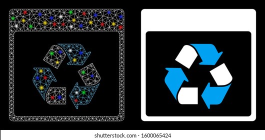 Flare mesh recycle calendar page icon with sparkle effect. Abstract illuminated model of recycle calendar page. Shiny wire carcass triangular mesh recycle calendar page icon.