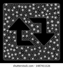 Flare mesh refresh arrows with glare effect. Abstract illuminated model of refresh arrows icon. Shiny wire frame triangular mesh refresh arrows. Vector abstraction on a black background.