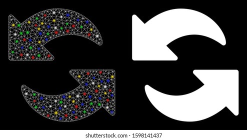 Flare mesh refresh icon with glitter effect. Abstract illuminated model of refresh. Shiny wire carcass triangular mesh refresh icon. Vector abstraction on a black background.