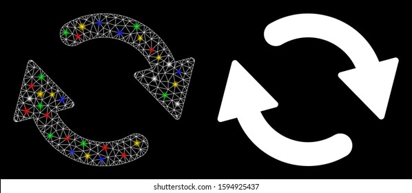 Flare mesh refresh icon with sparkle effect. Abstract illuminated model of refresh. Shiny wire frame triangular mesh refresh icon. Vector abstraction on a black background.