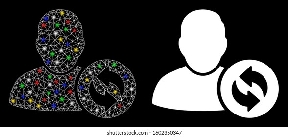 Flare mesh refresh user icon with glare effect. Abstract illuminated model of refresh user. Shiny wire carcass triangular mesh refresh user icon. Vector abstraction on a black background.