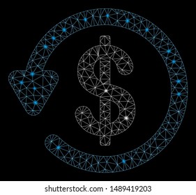 Flare mesh refund with glow effect. Abstract illuminated model of refund icon. Shiny wire frame triangular network refund. Vector abstraction on a black background.