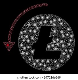 Flare mesh refund Litecoin with glare effect. Abstract illuminated model of refund Litecoin icon. Shiny wire frame triangular mesh refund Litecoin. Vector abstraction on a black background.