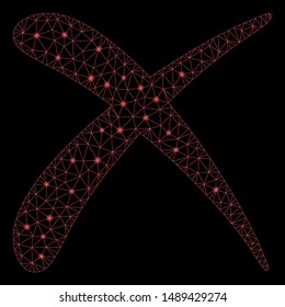 Flare mesh reject with lightspot effect. Abstract illuminated model of reject icon. Shiny wire carcass polygonal mesh reject. Vector abstraction on a black background.