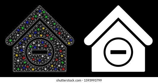 Flare mesh remove building icon with glitter effect. Abstract illuminated model of remove building. Shiny wire carcass triangular mesh remove building icon. Vector abstraction on a black background.