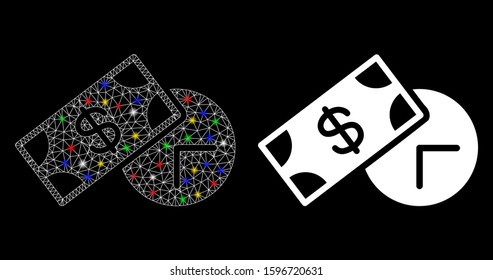 Flare mesh rent time icon with lightspot effect. Abstract illuminated model of rent time. Shiny wire frame triangular mesh rent time icon. Vector abstraction on a black background.