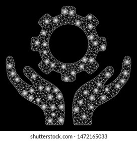Flare mesh repair service hands with glow effect. Abstract illuminated model of repair service hands icon. Shiny wire frame triangular mesh repair service hands.