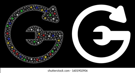 Flare mesh repeat service icon with glare effect. Abstract illuminated model of repeat service. Shiny wire frame triangular mesh repeat service icon. Vector abstraction on a black background.