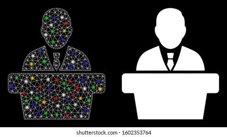 Flare mesh reporter icon with sparkle effect. Abstract illuminated model of reporter. Shiny wire frame polygonal mesh reporter icon. Vector abstraction on a black background.