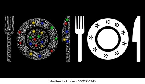 Flare mesh restaurant tableware icon with glitter effect. Abstract illuminated model of restaurant tableware. Shiny wire frame polygonal network restaurant tableware icon.