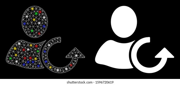 Flare mesh revert user icon with glitter effect. Abstract illuminated model of revert user. Shiny wire frame polygonal mesh revert user icon. Vector abstraction on a black background.