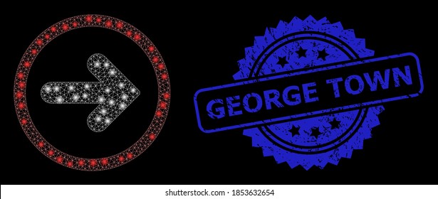 Flare mesh right pointer with light spots, and George Town grunge ribbon seal imitation. Blue seal includes George Town tag inside rosette. Illuminated vector model based on right pointer icon.