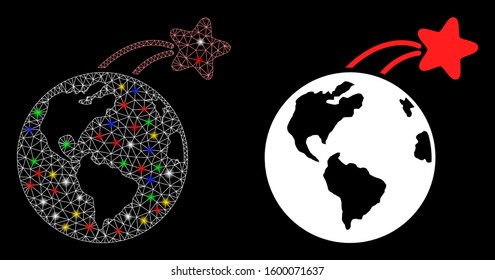 Flare mesh rising satellite on Earth icon with sparkle effect. Abstract illuminated model of rising satellite on Earth. Shiny wire frame polygonal mesh rising satellite on Earth icon.