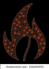 Flare mesh roasted coffee with glow effect. Abstract illuminated model of roasted coffee icon. Shiny wire carcass polygonal mesh roasted coffee. Vector abstraction on a black background.