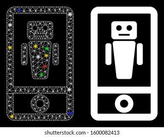 Flare mesh robot communicator icon with sparkle effect. Abstract illuminated model of robot communicator. Shiny wire frame triangular network robot communicator icon.