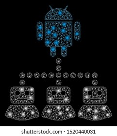 Flare mesh robot manager with glare effect. Abstract illuminated model of robot manager icon. Shiny wire frame polygonal network robot manager. Vector abstraction on a black background.