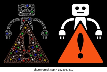 Flare mesh robot warning icon with sparkle effect. Abstract illuminated model of robot warning. Shiny wire frame triangular mesh robot warning icon. Vector abstraction on a black background.