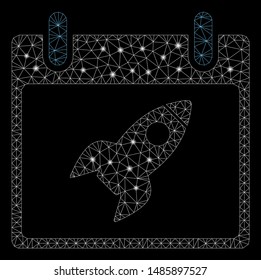 Flare mesh rocket calendar day with sparkle effect. Abstract illuminated model of rocket calendar day icon. Shiny wire frame polygonal mesh rocket calendar day.