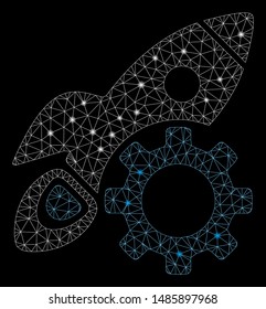 Flare mesh rocket development with glitter effect. Abstract illuminated model of rocket development icon. Shiny wire carcass triangular mesh rocket development.