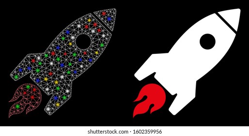 Flare mesh rocket launch icon with glare effect. Abstract illuminated model of rocket launch. Shiny wire carcass triangular network rocket launch icon. Vector abstraction on a black background.