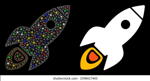 Flare mesh rocket science icon with glitter effect. Abstract illuminated model of rocket science. Shiny wire frame polygonal mesh rocket science icon. Vector abstraction on a black background.