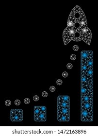 Flare mesh rocket success bar chart with glare effect. Abstract illuminated model of rocket success bar chart icon. Shiny wire frame triangular mesh rocket success bar chart.