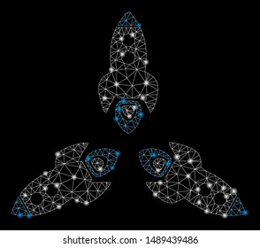 Flare mesh rockets out with glow effect. Abstract illuminated model of rockets out icon. Shiny wire carcass triangular mesh rockets out. Vector abstraction on a black background.