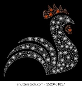 Flare mesh rooster with glare effect. Abstract illuminated model of rooster icon. Shiny wire carcass polygonal mesh rooster. Vector abstraction on a black background.