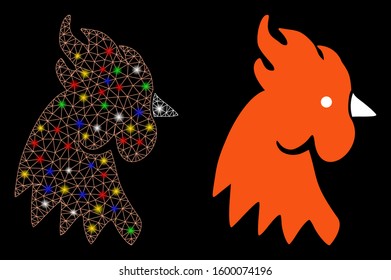 Flare mesh rooster head icon with lightspot effect. Abstract illuminated model of rooster head. Shiny wire carcass triangular mesh rooster head icon. Vector abstraction on a black background.