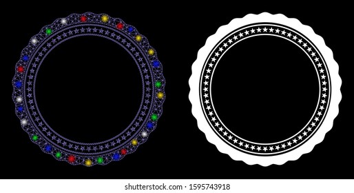 Flare mesh rosette circular star frame icon with glow effect. Abstract illuminated model of rosette circular star frame. Shiny wire carcass polygonal mesh rosette circular star frame icon.
