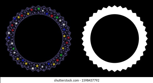Flare mesh rosette seal frame icon with glare effect. Abstract illuminated model of rosette seal frame. Shiny wire carcass triangular mesh rosette seal frame icon.