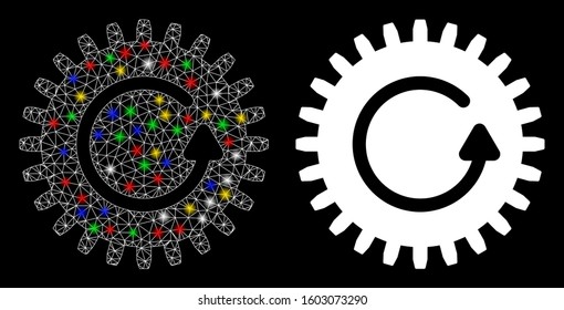 Flare mesh rotate cog icon with glow effect. Abstract illuminated model of rotate cog. Shiny wire carcass triangular mesh rotate cog icon. Vector abstraction on a black background.