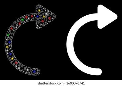 Flare mesh rotate CW icon with glare effect. Abstract illuminated model of rotate CW. Shiny wire carcass triangular network rotate CW icon. Vector abstraction on a black background.