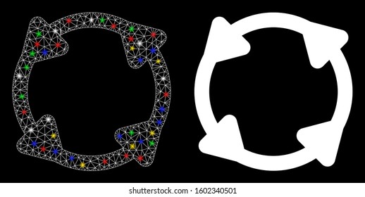 Flare mesh rotate icon with lightspot effect. Abstract illuminated model of rotate. Shiny wire frame polygonal mesh rotate icon. Vector abstraction on a black background.