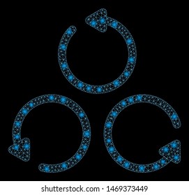 Flare mesh rotation with glare effect. Abstract illuminated model of rotation icon. Shiny wire frame triangular mesh rotation. Vector abstraction on a black background.