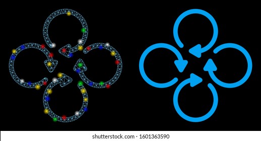 Flare mesh rotation icon with glare effect. Abstract illuminated model of rotation. Shiny wire carcass triangular mesh rotation icon. Vector abstraction on a black background.