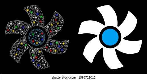 Flare mesh rotor icon with glare effect. Abstract illuminated model of rotor. Shiny wire frame polygonal network rotor icon. Vector abstraction on a black background.