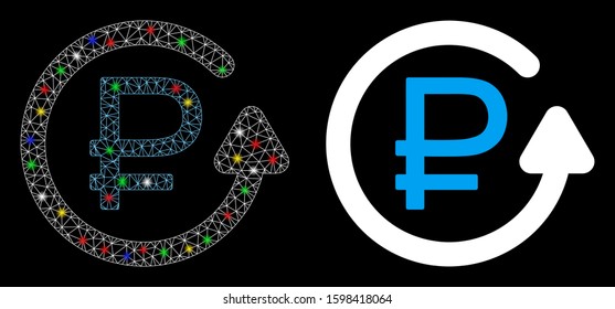 Flare mesh rouble chargeback icon with glare effect. Abstract illuminated model of rouble chargeback. Shiny wire carcass polygonal mesh rouble chargeback icon.
