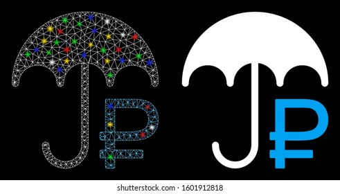Flare mesh rouble umbrella icon with sparkle effect. Abstract illuminated model of rouble umbrella. Shiny wire frame triangular mesh rouble umbrella icon. Vector abstraction on a black background.